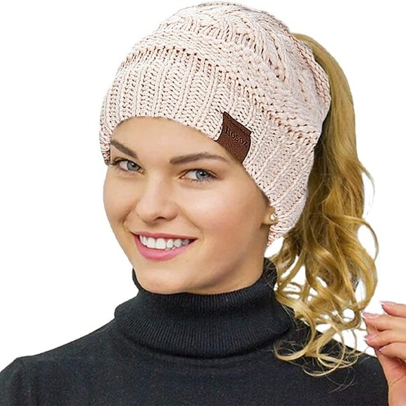 2 Pack Ponytail Beanie for Women,Winter Warm Beanie Tail Soft Stretch Cable Knit - Picture 2 of 6